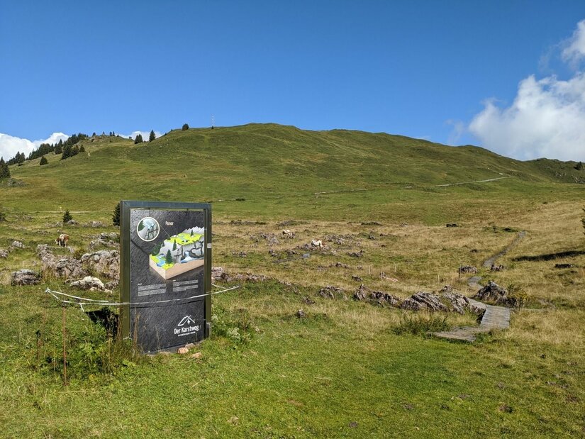 Infotafel am Karstweg vor einer grünen Berglandschaft mit Wanderpfad.