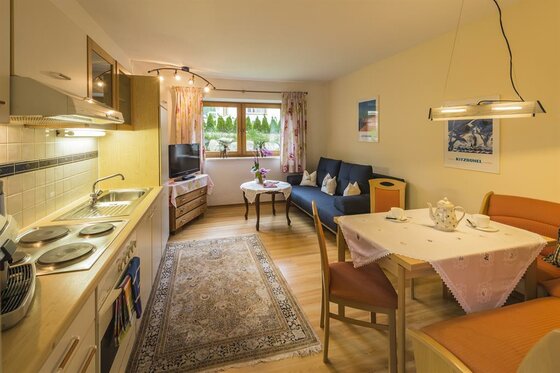 Wohnraum Haus Sandra Wohnküche mit Küchenzeile, Esstisch, blauem Sofa und Teppich.