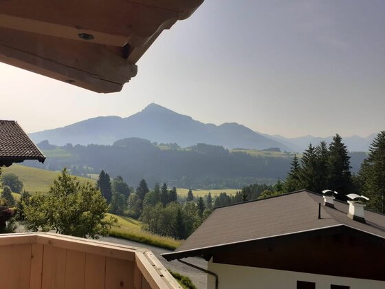 Blick von einem Holzbalkon auf eine hügelige Waldlandschaft mit einem markanten Berggipfel im Hintergrund.
