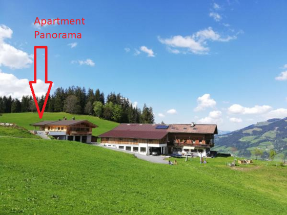 Lage Apartment Panorama Alpiner Bauernhof auf einer grünen Wiese vor bewaldetem Hang und Bergkulisse.