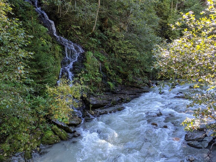Ein kleiner Wasserfall fließt über dunkle Felsen in einen breiten, schäumenden Gebirgsbach im Wald.