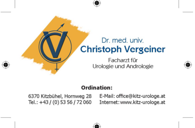 Visitenkarte von Dr. med. univ. Christoph Vergeiner mit Logo und Kontaktdaten.