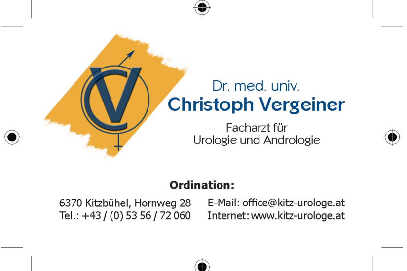 Visitenkarte Dr. Christoph Vergeiner Visitenkarte von Dr. med. univ. Christoph Vergeiner mit Logo und Kontaktdaten.