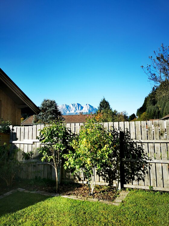 Blick über einen Holzzaun auf ein schneebedecktes Bergmassiv unter blauem Himmel.