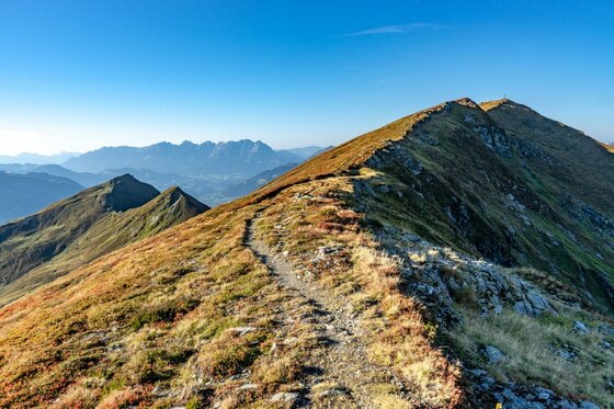 Schmaler Wanderpfad auf einem grasbewachsenen Bergrücken unter blauem Himmel.