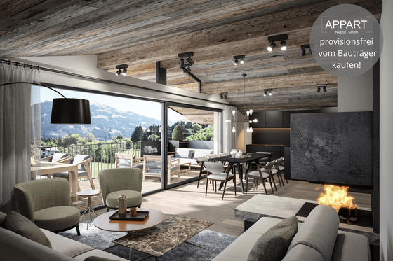Moderner Wohnraum mit Altholzdecke, Kamin und großer Fensterfront mit Blick auf die Alpen.