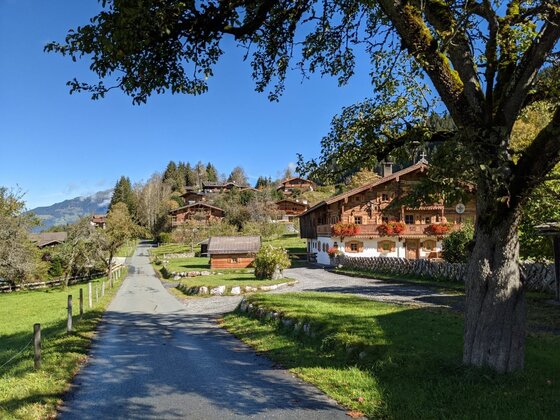 Asphaltierter Weg führt an traditionellen Holzhäusern mit Blumenschmuck in Jochberg vorbei.