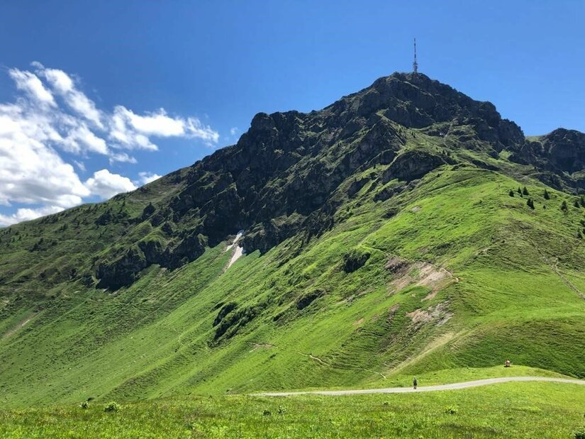 Gipfelblick am Harschbichl Blick auf einen grasbewachsenen Berghang mit felsigem Gipfel und einer Sendeantenne unter blauem Himmel.