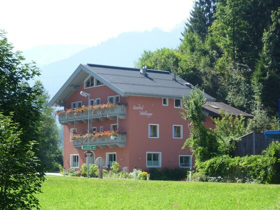 Gasthof Möllinger im Sommer Mehrstöckiges, rosa Gebäude mit Blumenbalkonen vor bewaldetem Hang.