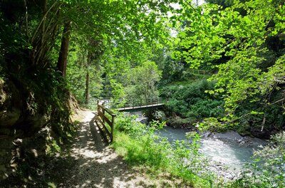 Wanderweg am Schützkogel Alpinsteig Ein schmaler Wanderweg mit Holzgeländer führt im Wald zu einer Brücke über einen Gebirgsbach.