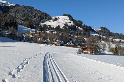 Präparierte Langlaufloipe im Schnee vor einer Siedlung und bewaldeten Bergen unter blauem Himmel.