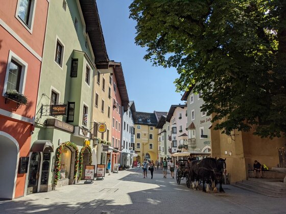 Blick in eine gepflasterte Altstadtgasse mit bunten Häuserfassaden und einer Pferdekutsche im Vordergrund.