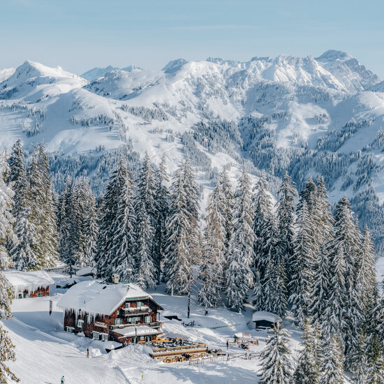 Hütte am Berg in Winterlandschaft