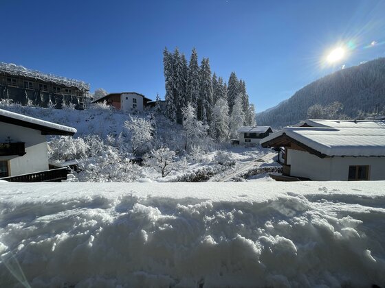 Verschneite Alpendörfer mit schneebedeckten Dächern und Tannen unter blauem Himmel bei Sonnenschein.