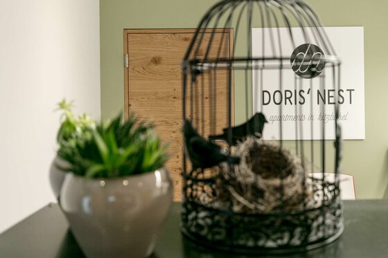 Dekorativer Vogelkäfig mit Nest im Vordergrund, dahinter eine Holztür und ein Logo an der Wand.