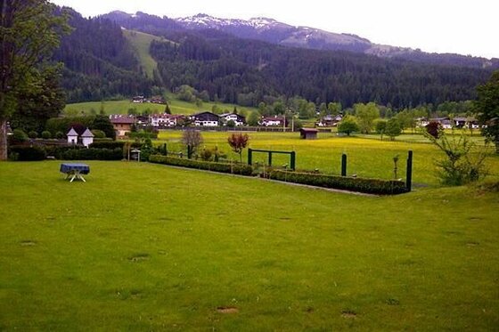 Grüne Wiese im Vordergrund mit Blick auf ein Dorf und bewaldete Berge im Hintergrund.