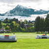 Ein idyllisches Landschaftsbild mit Rasenmäher-Robotern auf grünem Gras, umgeben von Bergen und einer malerischen Wolkenformation.