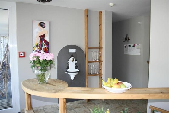 Suiten am Schloss Eingangsbereich Eingangsbereich mit Holztresen, Blumenstrauß, Obstschale und einem dekorativen Wandbrunnen.
