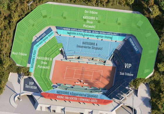 Tennisstadion_GeneraliOpen Ein Übersicht des Stadions mit verschiedenen Tribünenbereichen. Die Bereiche sind farblich gekennzeichnet und zeigen die Sitzplatzkategorien.