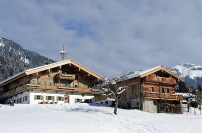 Zwei traditionelle Holzhäuser mit Satteldächern in einer verschneiten Alpenlandschaft unter bewölktem Himmel.