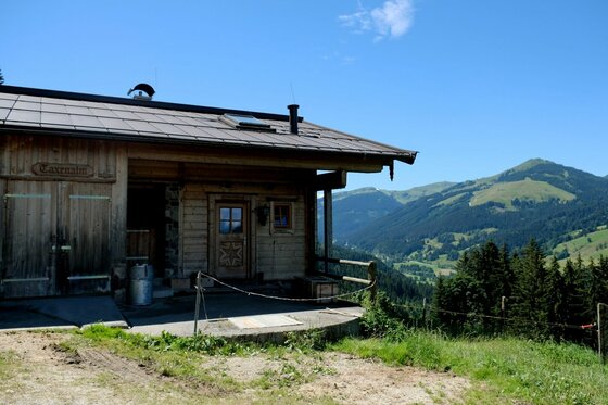 Rustikale Holzhütte vor bewaldeten Bergen und blauem Himmel.