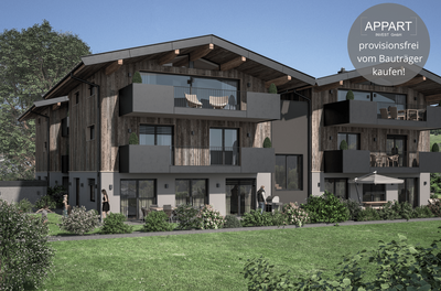 Modernes Apartmenthaus in Holzbauweise mit dunklen Balkonen und Grünfläche davor.
