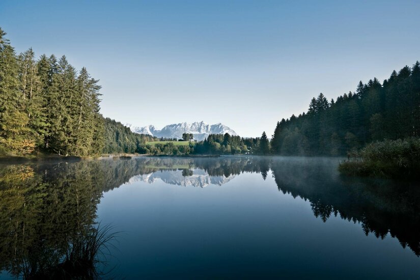 Gieringer Weiher mit Bergpanorama Ein ruhiger See umgeben von Nadelwald mit Spiegelung des Wilden Kaisers im Hintergrund.