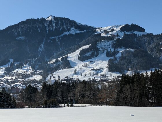 Verschneite Berglandschaft mit bewaldeten Hängen und einer kleinen Ortschaft im Tal unter blauem Himmel.