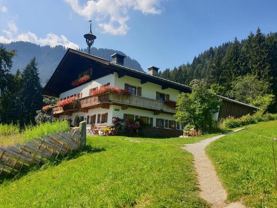 Alpines Bauernhaus am Seidlalmweg Alpines Bauernhaus mit Holzbalkon und Blumenschmuck an einem Hang mit Wanderweg.