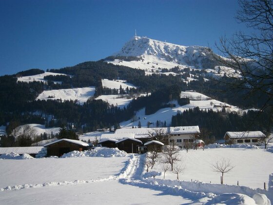 Winter am Hof Filzen Verschneite Berglandschaft mit Bauernhof und bewaldeten Hängen unter blauem Himmel.