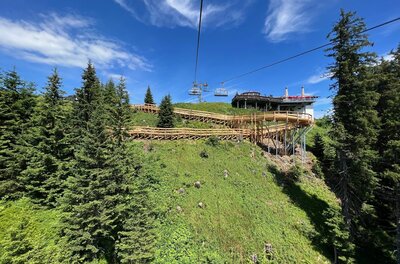 Blick auf einen hölzernen Steg am Berghang mit Sessellift und Nadelbäumen unter blauem Himmel.