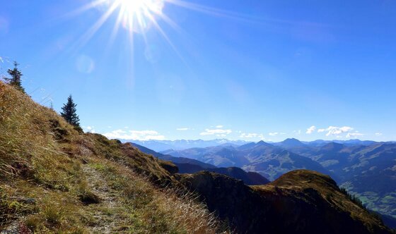 Ein schmaler Bergpfad an einem grasbewachsenen Hang unter strahlend blauem Himmel mit Blick auf ferne Berggipfel.