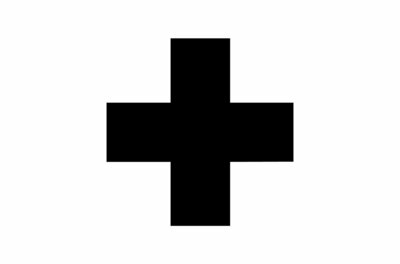 Symbol Bergrettung Schwarzes Plus-Symbol auf weißem Hintergrund.