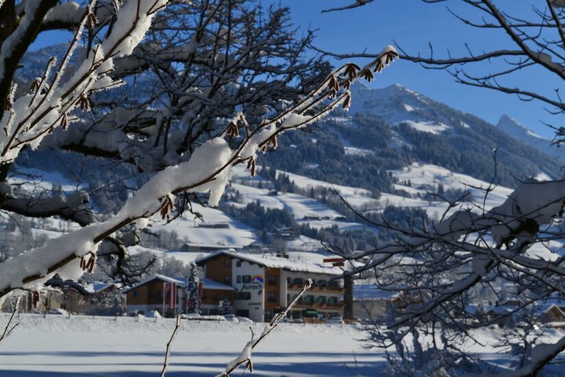 Hotel Aurach im Winter Verschneite Äste im Vordergrund mit Blick auf das Hotel Aurach und winterliche Berge.