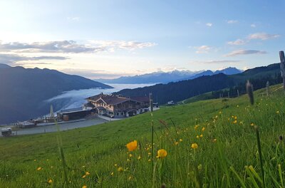 Alpines Gebäude auf einer grünen Bergwiese mit gelben Blumen vor Gebirgskette und Nebeltal.