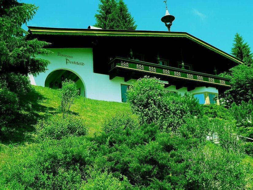 Zweistöckiges Landhaus mit dunklem Holzbalkon auf einem grünen Hügel vor Nadelbäumen.