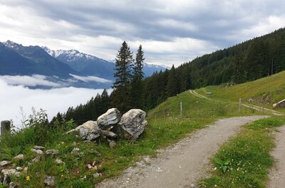 Schotterweg am Berghang mit Blick auf ein Wolkenmeer im Tal und schneebedeckte Gipfel.