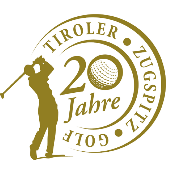 tiroler Zugspitz Golf Ein stilisiertes Logo für den "Tiroler Zugspitz Golf," das 20 Jahre feiert. Es zeigt einen Golfer und eine Golfball-Illustration in goldener Farbe.