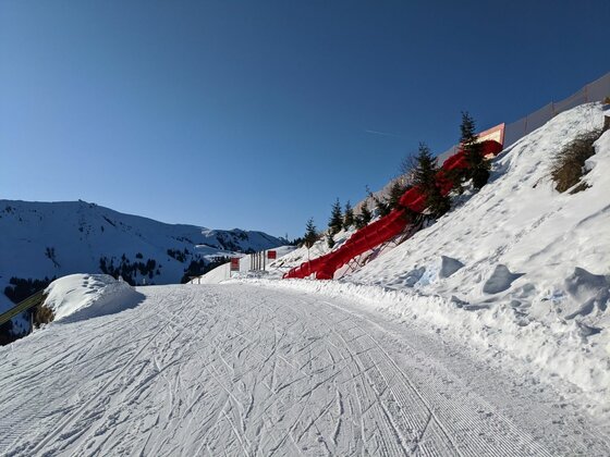 Skipiste mit Fangnetz Präparierte Skipiste mit rotem Fangnetz am Hang unter blauem Himmel.