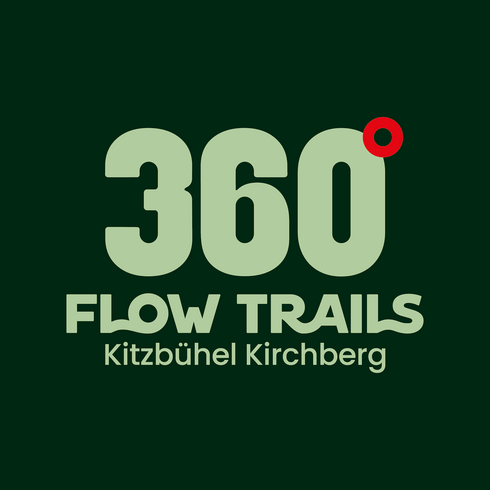 Das Logo zeigt den Schriftzug '360° FLOW TRAILS' in einer modernen Schriftart auf grünem Hintergrund.