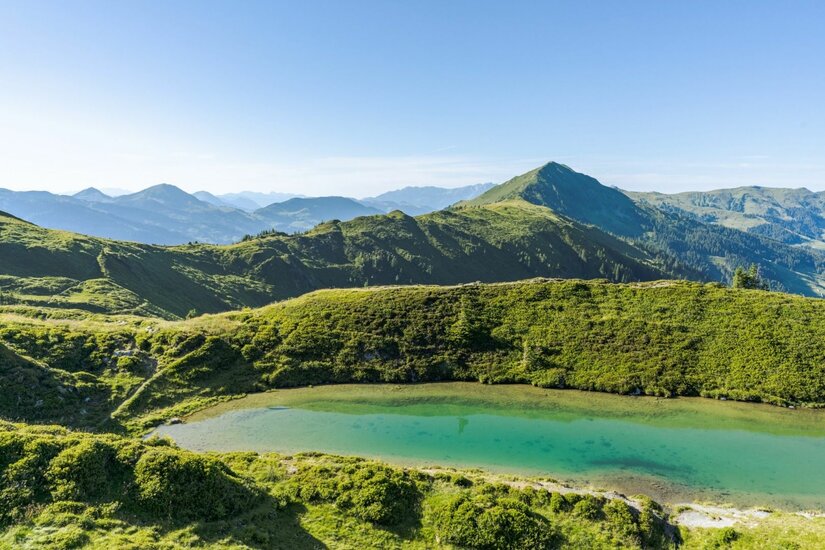 Ein türkisblauer Bergsee umgeben von grünen Almwiesen und Berggipfeln unter blauem Himmel.
