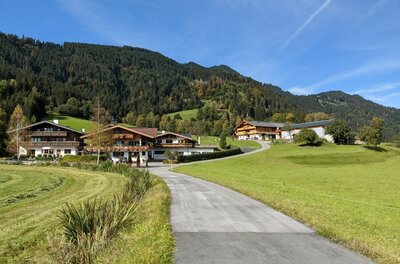 Alpenhäuser bei Reith Asphaltierter Weg führt zu einer Gruppe von Alpenhäusern vor bewaldeten Bergen unter blauem Himmel.