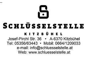 Schlüsselstelle Eine Geschäftskarte der Schlüsselstelle in Kitzbühel. Sie zeigt Kontaktinformationen und die Adresse.
