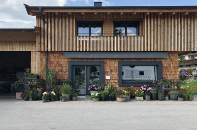 Modernes Holzgebäude mit Schindelfassade und zahlreichen Blumenkübeln vor dem Eingang.