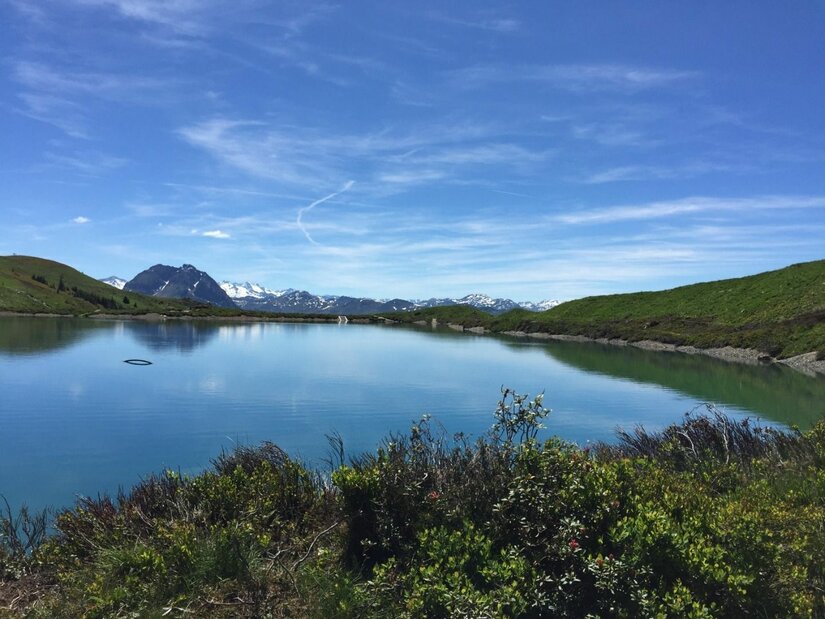 Ein stiller Bergsee umgeben von grünen Hängen und schneebedeckten Gipfeln unter blauem Himmel.