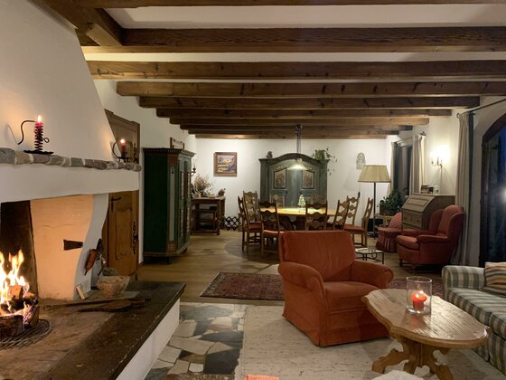 WZ2 Ein gemütlicher Wohnraum mit einem Kamin und Holzdecken. Es gibt einen Esstisch und bequeme Sitze, die eine einladende Atmosphäre schaffen.