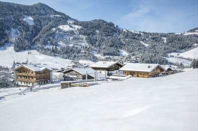 Verschneite Holzhäuser in einer alpinen Winterlandschaft vor bewaldeten Bergen.