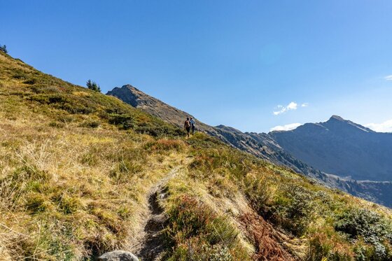 Schmaler Wanderpfad an einem grasbewachsenen Berghang mit zwei Wanderern im Hintergrund unter blauem Himmel.