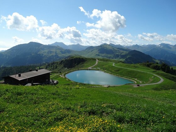 Blick auf eine Almhütte und einen kleinen Bergsee inmitten grüner Almwiesen und Gebirgsketten.