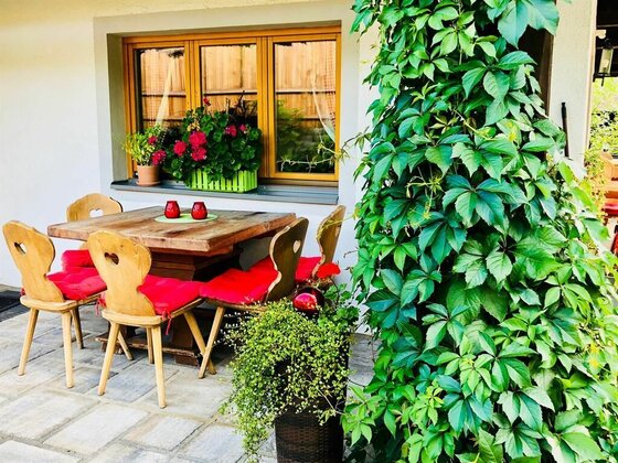 Holztisch mit vier Stühlen und roten Sitzkissen auf einer gepflasterten Terrasse neben einer begrünten Säule.